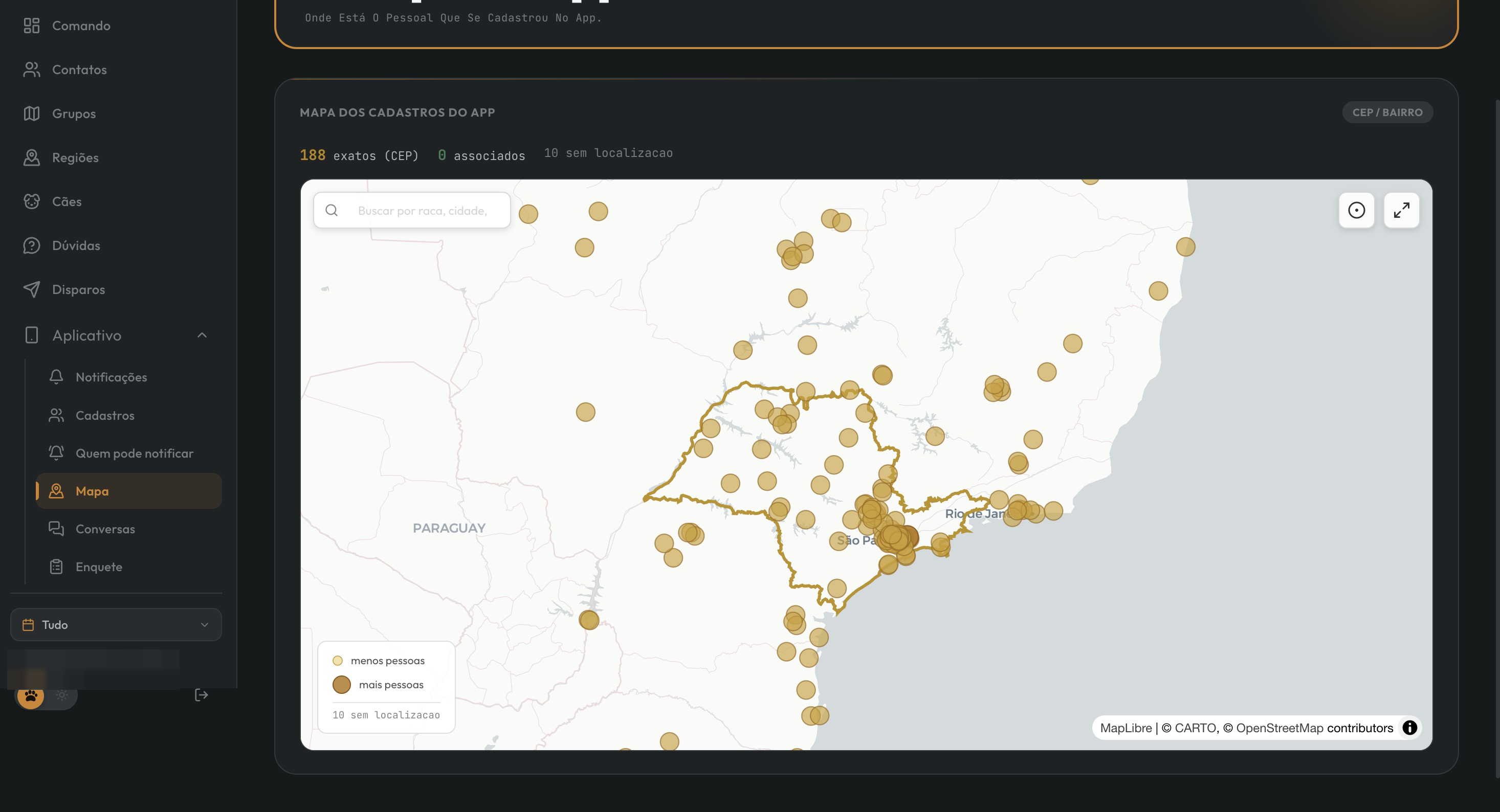 Mapa dos cadastros do app